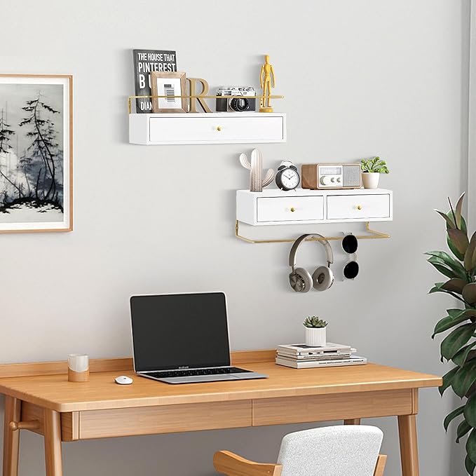 Floating Shelves for Wall Storage, Wall Mounted Bathroom Shelf with Drawers Set of 2, Rustic Wood Floating Drawers for Living Room, Kitchen, Wall Decor, Plants, Books, White-NeatNest