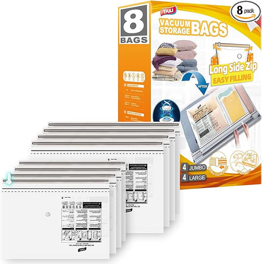 TAILI 8 Pack Vacuum Storage Bags, Multi-Size Combo (4 Large+4 Jumbo), LONG SIDE ZIP Vacuum Seal Bags for Clothing, Storage Bulky Beddings, Blankets and Clothes, Space Saver for Closet Organization-NeatNest