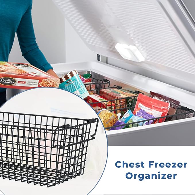 17.5" Freezer Organizer Bins, Stackable Freezer Baskets for Chest Freezer Pantry Organization and Storage Baskets-Black
