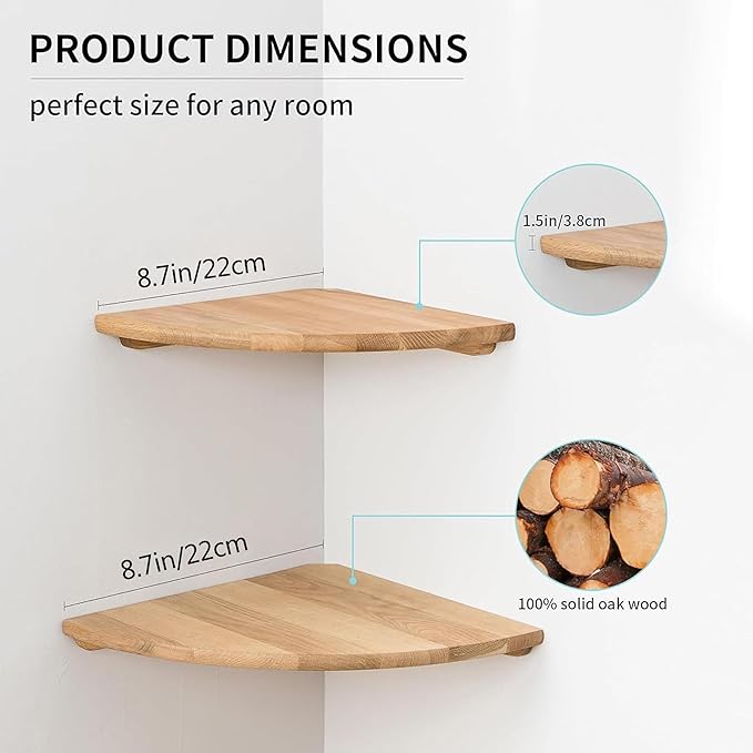 Corner Shelves, Floating Corner Shelf, Set of 2 Solid Oak Wood Wall Shelves, Round End Wall Mount with Wire Hole Shelving for Small Plant for Bedroom Kitchen, Living Room 8.7“-NeatNest