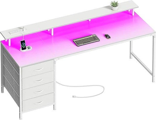 Huuger 63 Inch Computer Desk with Power Outlets and LED Lights, Gaming Desk with 4 Drawers, Office Desk with Monitor Stand, Study Work Desk for Home Office, White-NeatNest