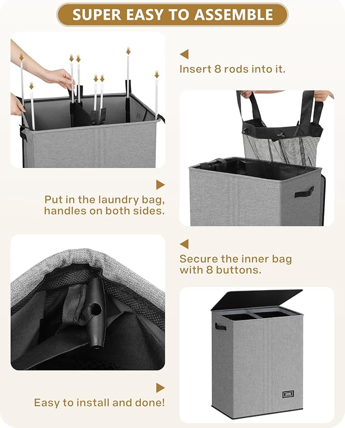 SOLEDI Double Laundry Hamper with Lid, 130L Clothes Hamper 2 Section, Laundry Basket with Removable bag, Bed room decor aesthetic, laundry room organization, Home and dorm room essentials-NeatNest