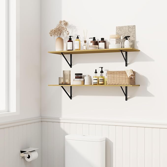 Fun Memories Deep Floating Shelves for Wall, 16W x 8D Wall Mounted Shelves Set of 2, Wide Display Ledge Shelf with Sturdy Metal Brackets for Living Room, Bathroom, Bedroom and Kitchen, Oak-NeatNest