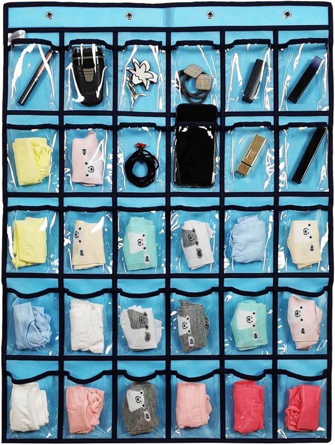 Classroom Pocket Chart for Phone Calculator Holder Over The Door Hanging Closet Jewelry Organizer with 30 Clear Pockets (Blue)-NeatNest
