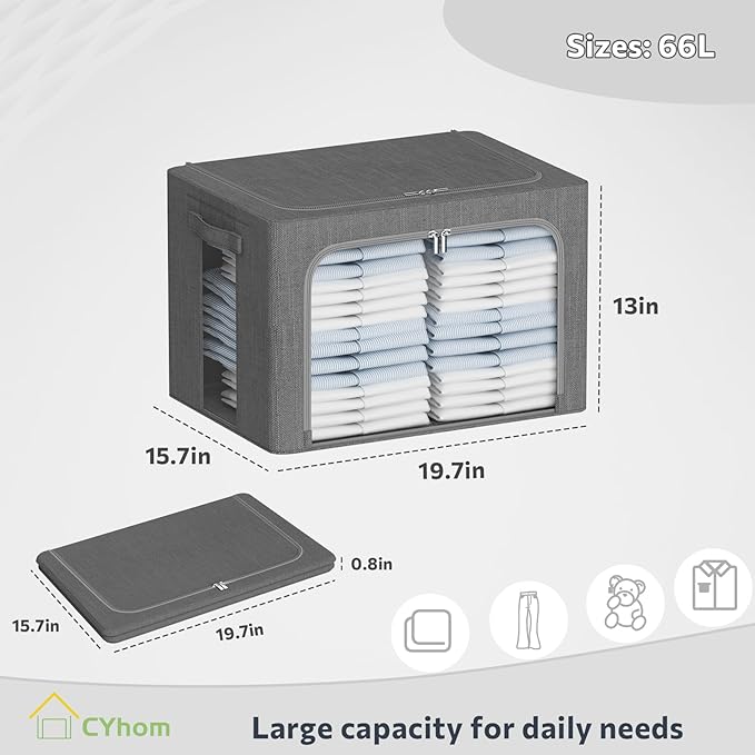 Clothes Storage Bins Box - Linen Fabric Foldable Stackable Container Organizer Set with Clear Window & Carry Handles & Metal Frame - 2Pack Large Capacity for Bedding, Blankets, Books-NeatNest