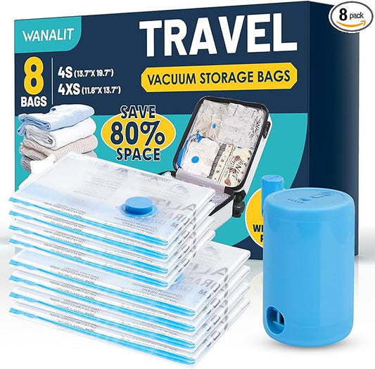 Vacuum Storage Bags for Travel, 8 Pack (4S+4XS) Vacuum Seal Bags with Wireless Rechargeable Electric Pump, Travel Essentials Space Saving Compression Bag for Clothes, Luggage, Suitcase, Backpack, Trip-NeatNest