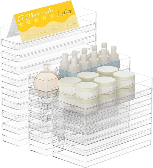 27 PCS Clear Plastic Drawer Organizer Set, 4 Sizes Acrylic Drawer Storage Trays Non Slip Storage Bins for Makeup, Jewelry, Gadgets for Kitchen, Bedroom, Bathroom, Office-NeatNest