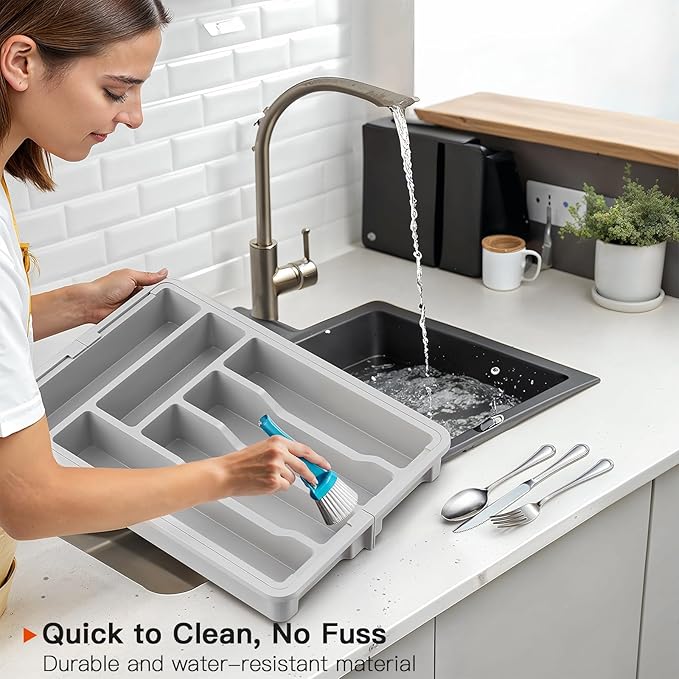 AMADA HOMEFURNISHING Expandable Silverware Drawer Organizer, Adjustable Utensil Tray For Kitchen Storage, BPA-Free Cutlery Holder for Spoons, Forks and Knives, Easy to Clean and Wash, Gray-NeatNest