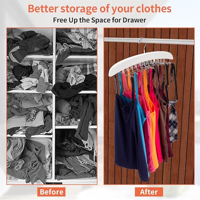 3 Pack Tank Top & Bra Hanger, Tie & Belt Hanger with Natural Wood, 24 Space Saving, 360 Rotating, Foldable Metal Hooks, Closet Organizer and Storage Rack for Tank Tops/Bras/Ties/Belt (White)-NeatNest