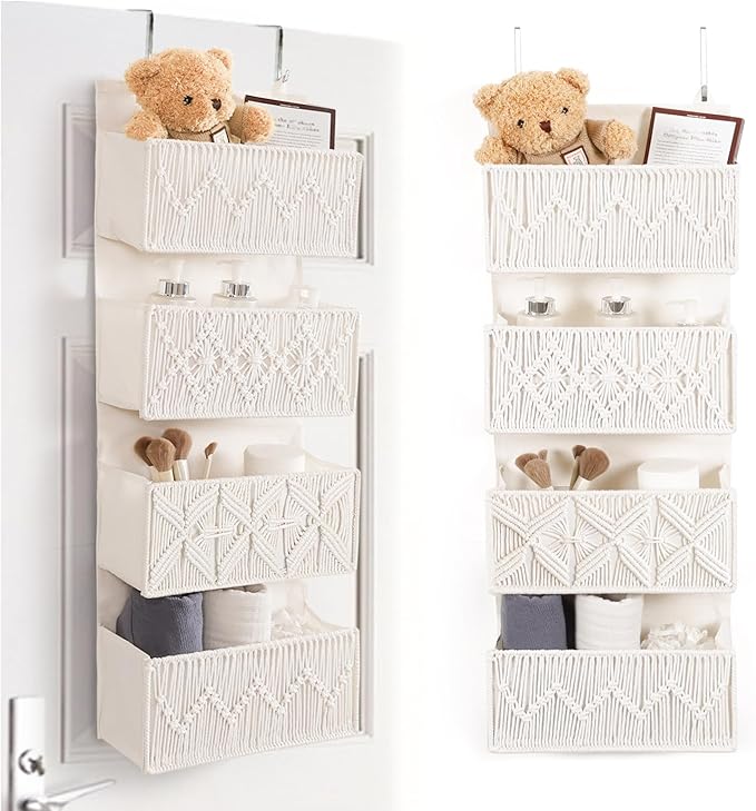 ANTIS'S HOME Nursery Over The Door Organizer Boho Decor Nursery Storage with 4 Large Woven Pockets, Macrame Nursery Organizers and Toys Storage, Behind Door for Bathroom, Bedroom-NeatNest