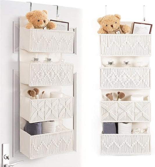 ANTIS'S HOME Nursery Over The Door Organizer Boho Decor Nursery Storage with 4 Large Woven Pockets, Macrame Nursery Organizers and Toys Storage, Behind Door for Bathroom, Bedroom-NeatNest
