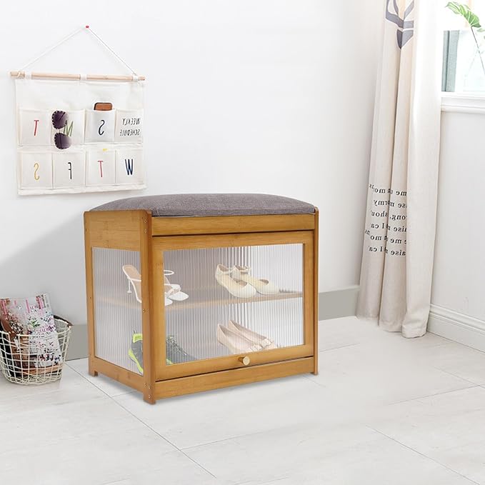 Eapmic Shoe Storage Bench, Entryway Shoe Rack Bench with Padded Seat Cushion, 2-Tier Shoe Cabinet, Bamboo Shoe Organizer for Hallway Bedroom Living Room Front Door (Brown, 19.69 * 12.6 * 17.32in)