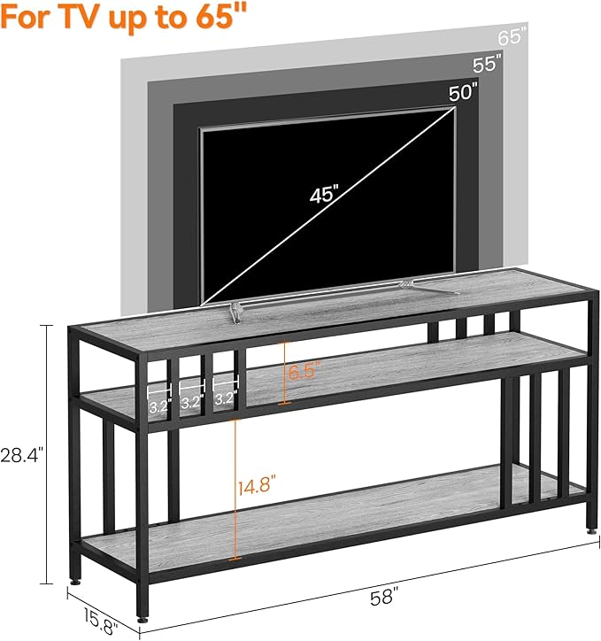 Garvee 58" TV Stand for Television up to 65 Inch, Entertainment Center with 3-Tier Open Shelves, TV Media Console Table Quadruple-Tube Support for Living Room, Entryway, Grey-NeatNest