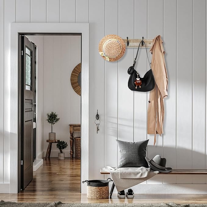 Coat Rack Wall Mounted, Entryway Wall Coat Rack with 4 Rustic Coat Hooks, 17” Vintage Pinewood Hanger Hat, Dual Hook for Hanging Keys Hats, Perfect for Entryway, Bathroom, Living Room