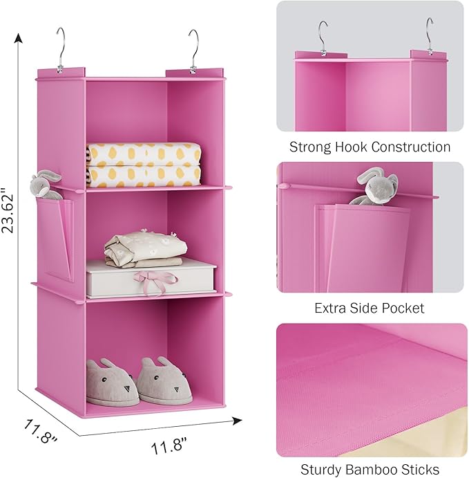 Hanging Closet Organizer, 3-Shelf Closet Hanging Storage Shelves, Light Pink-NeatNest