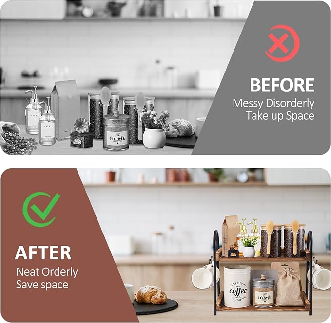 Coffee Bar Accessories, 2-Tier Coffee Bar Organizer with 4 Coffee Cup Holder Hooks, Mul-tifunctional Wooden Beaded Coffee Station Countertop Stand Shelf for Kitchen Home Office-NeatNest