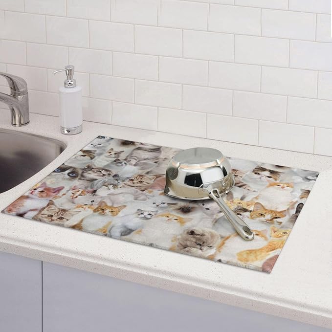 Cute Cat Dish Drying Mat 18 x 24 Inch for Kitchen Counter Cute Kitchen Mat Microfiber Kitchen Countertop Absorbent Reversible Drainer Rack Pad Dish Drying Mat-NeatNest