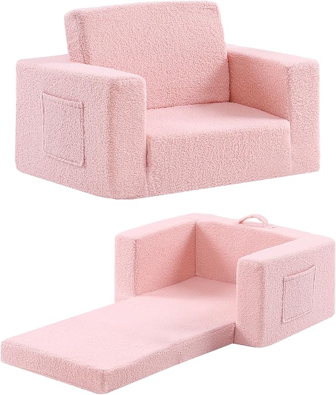 2-in-1 Toddler Chair Sherpa Couch - Soft Kids Lounger for Bedroom, Convertible Sofa for Girls and Boys, Reading Chair, Pink-NeatNest