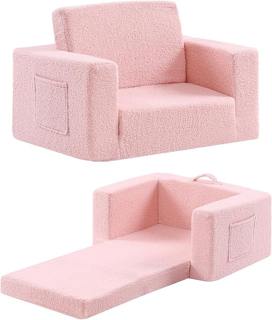 2-in-1 Toddler Chair Sherpa Couch - Soft Kids Lounger for Bedroom, Convertible Sofa for Girls and Boys, Reading Chair, Pink-NeatNest