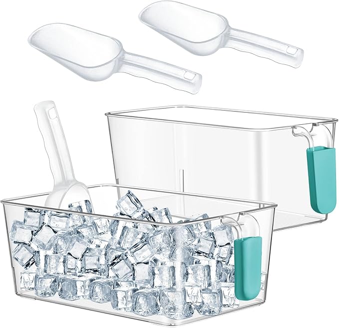 Havawish 2 Set Ice Bin and Flexible Scoop Set Plastic Freezer Ice Bin with Pull Out Handle Clear Storage Bucket for Container with Bucket Scoop(Blue,10.83 x 7 x 4.33 in,10.83 x 4.92 x 4.33 in)