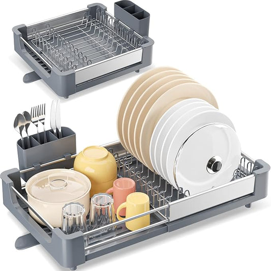 TOOLF Dish Drying Rack for Kitchen Counter, Extendable Dish Rack with Drainboard, Expandable Dish Drainer, Collapsible Dish Strainer with Cutlery Holder, Foldable Home Plate Rack, Aluminum Grey