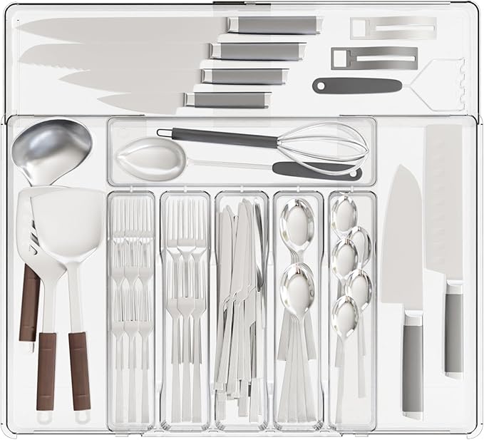 Clear Expandable Silverware Organizers for Kitchen Drawers,Large BPA Free Cutlery Organizer in Drawer,Plastic Utensil Drawer Organizer Suitable as Flatware,Knife,Fork,Spoon,Silverware Holder and Tray-NeatNest