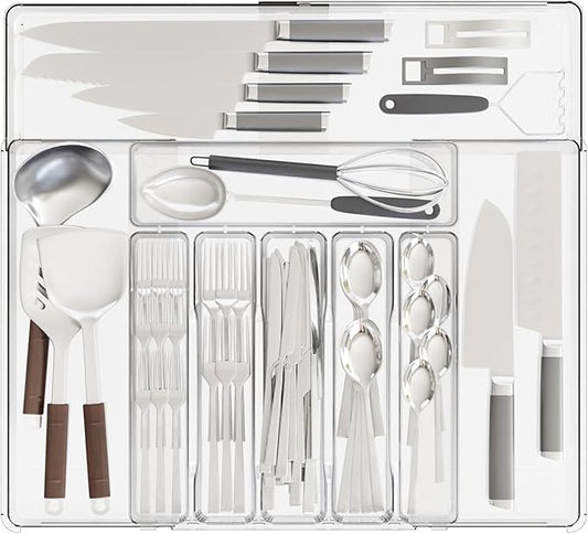 Clear Expandable Silverware Organizers for Kitchen Drawers,Large BPA Free Cutlery Organizer in Drawer,Plastic Utensil Drawer Organizer Suitable as Flatware,Knife,Fork,Spoon,Silverware Holder and Tray-NeatNest