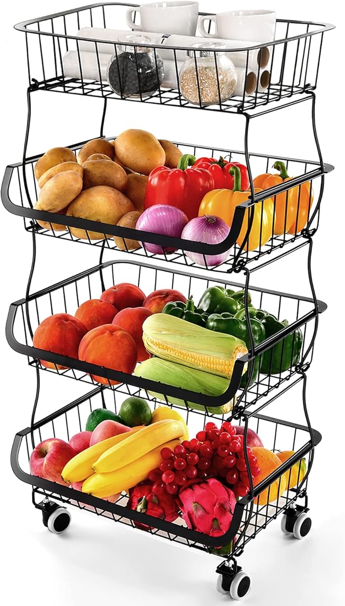 Fruit Vegetable Storage Basket, 4 Tier Stackable Metal Wire Storage Baskets with Wheels, Fruit Vegetable Produce Basket Organizer Bins for Kitchen, Pantry, Bathroom