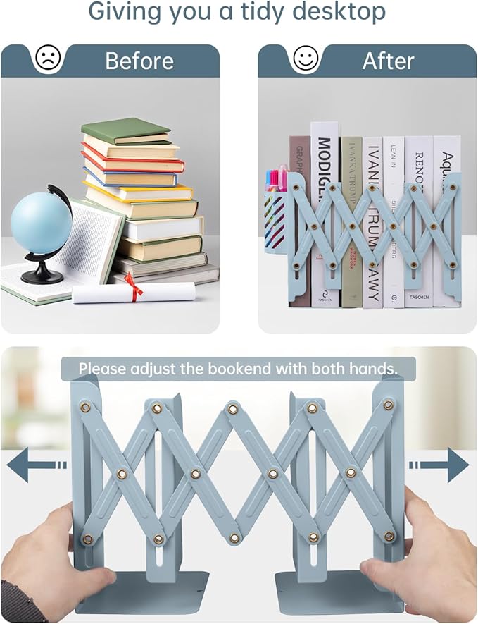 Honagu Adjustable Bookends, Metal Book Ends for Shelves Heavy Book, Desk Magazine File Organizer for Home, Office, Books, Papers, Extends up to 19 inches with Pen Holder (Light Blue)