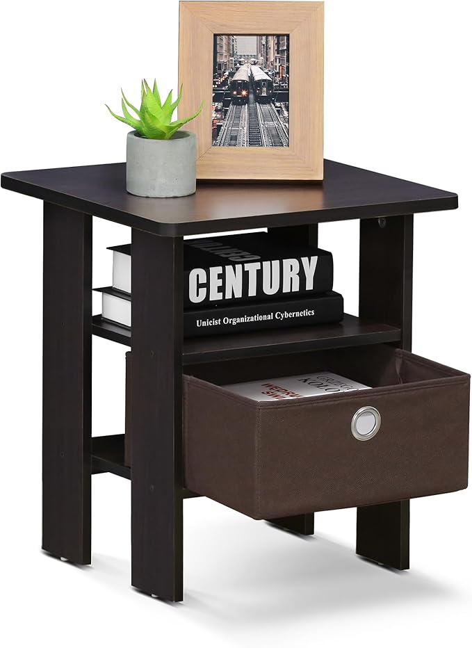 Furinno Andrey End Table / Side Table / Night Stand / Bedside Table with Bin Drawer, Dark Walnut, 1-Pack, Center Bin