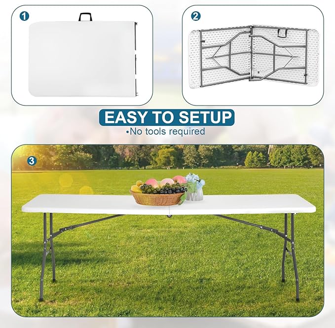 8FT Folding Table Plastic Camping Table Portable Picnic Table for Easy Storage, Ideal for Outdoors Camping, Picnics, Parties Wedding & Indoor Events with Carrying Handle,White-NeatNest