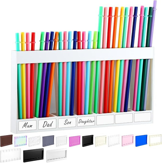 Acrylic Straw Holder for Cabinet Door with Double Sided Adhesive Tape Reusable Straw Organizer Tumbler Storage Kitchen Accessories Container for Counter Cupboard(Classic,Extra Large,White)
