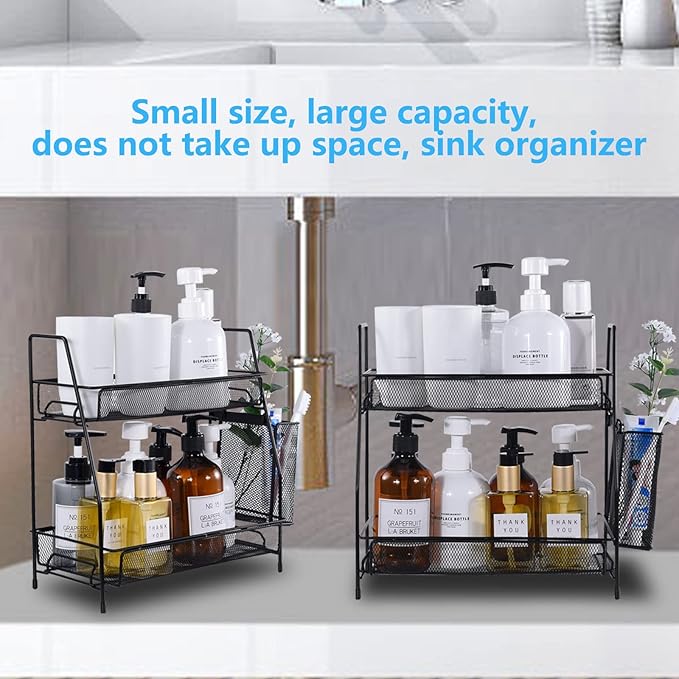 LEMIKKLE Countertop Organizer for Bathroom Counter, The Organizer for Bedroom, Spice Rack Organizer for Kitchen Counter Shelf with Small Basket(Black)-NeatNest
