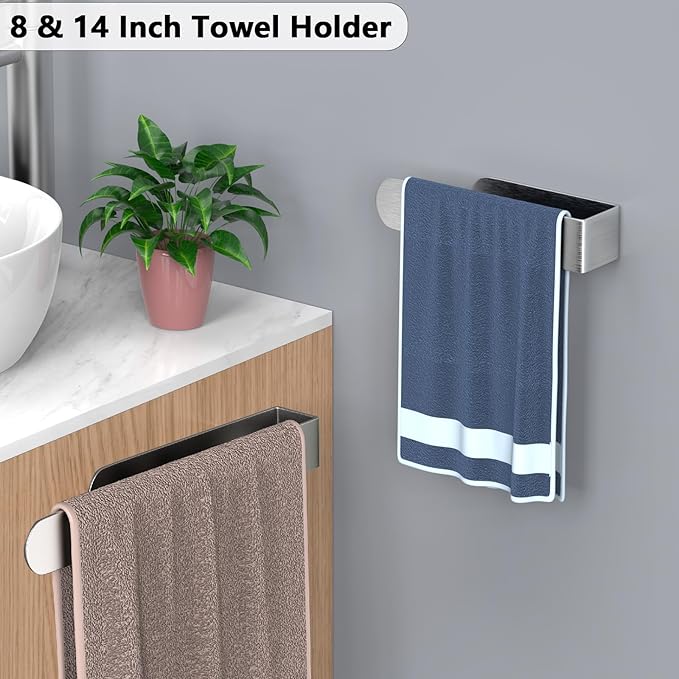 HUFEEOH Adhesive Hand Towel Holder, 8 Inch Sticky Towel Bar and 14 Inch Towel Holder Wall Mounted, Stainless Steel Kitchen Towel Holder Hand Towel Rack for Bahtroom Hotel RV Kitchen (Silver-8"&14”)