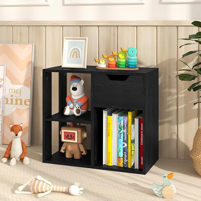Giantex 3 Cube Bookcase with Drawer, 2 Tier Bookshelf for Small Spaces, Modern Freestanding Display Rack with Open Shelves, Book Case, Wood Cube Storage Organizer Bedroom Living Room, Black