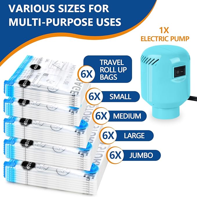 ZPP Vacuum Storage Bags with Electric Pump, 30 Pack (6 Jumbo, 6 Large, 6 Medium, 6 Small, 6 Roll Up Bags) Vacuum Seal Bags for Clothes, Mattress, Blanket, Comforters, Travel, Moving-NeatNest