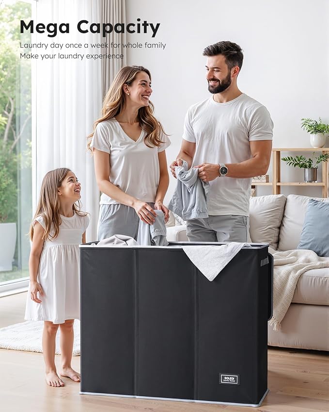 SOLEDI 160L Laundry Hamper 3 Section, Extra Large Laundry Hamper with Lid, Dirty Clothes Hamper with Sturdy Handle, Large Laundry Basket Organizer for Laundry Room, Bedroom, Hampers for Laundry-NeatNest