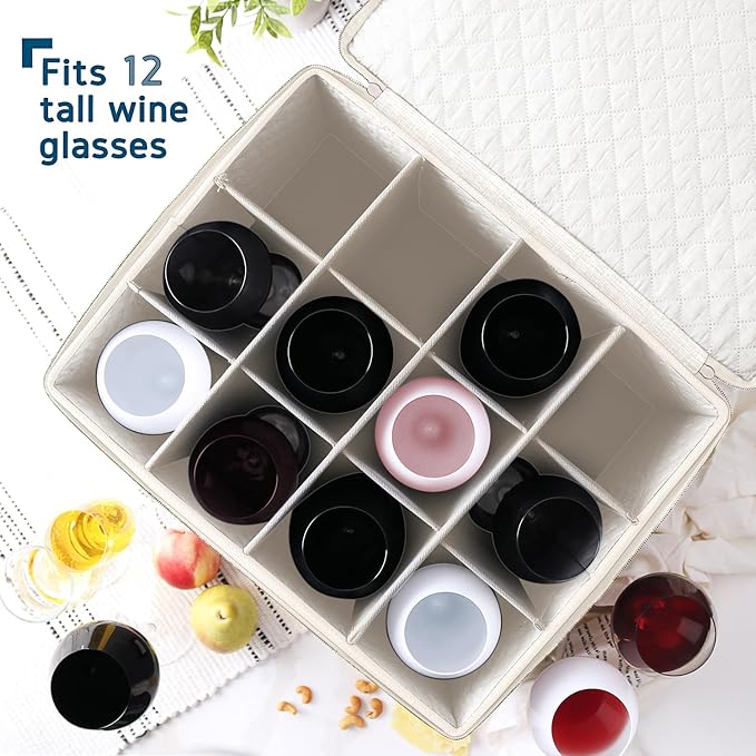 Hearth & Harbor Wine Glass Storage Box with Dividers, Quilted and Stackable Stemware Storage Cases, Service of 12 Glass China Container Hard Shell for Moving and Organization, Cream-NeatNest