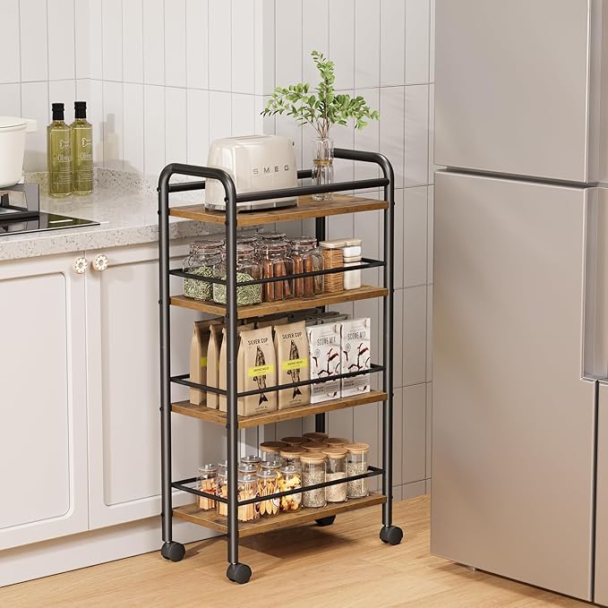 Slim Storage Cart, 4 Tier Small Rolling Bathroom cart Metal and Wood Skinny Utility Cart on Wheels for Narrow Kitchen Laundry Room Rustic Brown