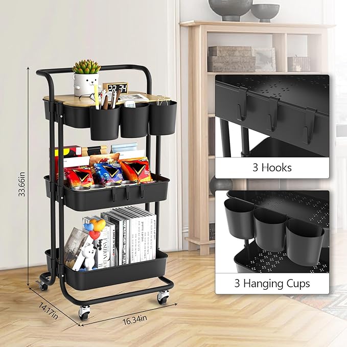 3 Tier Rolling Cart with Metal Handle, Table Top, Hanging Cups, Hooks, Plastic Storage Baskets& Wheels Lockable, Utility Cart for Bathroom Classroom Office Kitchen Pantry Organizers and Storage, Black-NeatNest