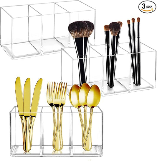 3 Pcs Acrylic Cutlery Storage Organizer, Clear Plastic Cutlery Utensil Holder for Kitchen Countertop, 3 Section Silverware Tableware Storage Box for Fork, Knife, Spoon Straws and Napkins-NeatNest