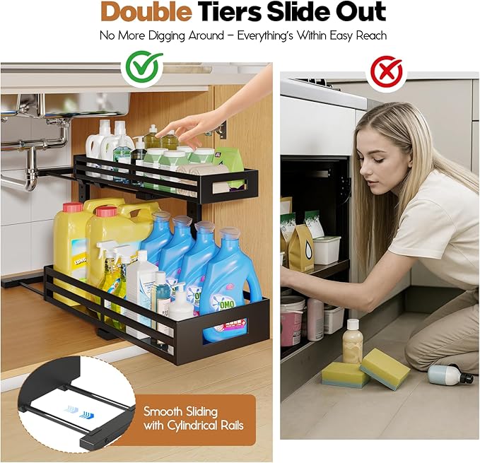 2-Pack 19"Deep Under Sink Organizer And Storage, 2-Tier L-Shaped Pull Out Cabinet Organizer with Upgraded Slide Rails, Height Adjustable Drawers for Kitchen&Bathroom, Extra-Large Storage Shelves–Black-NeatNest