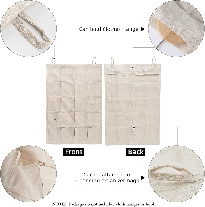 100% Linen Hanging Storage Bag with 20 Pockets, Wall Hang Over The Door Closet Organizer for Socks Underpants, Linen