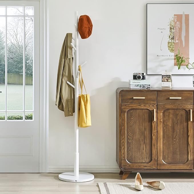 IBUYKE Coat Rack Stand, Freestanding Coat Tree with Solid Round Base and 8 Hooks, Easy Assembly Wooden Coat Hanger, Clothes Rack for Hallway Entryway, Living Room, Bedroom, Office, White WD-114-NeatNest