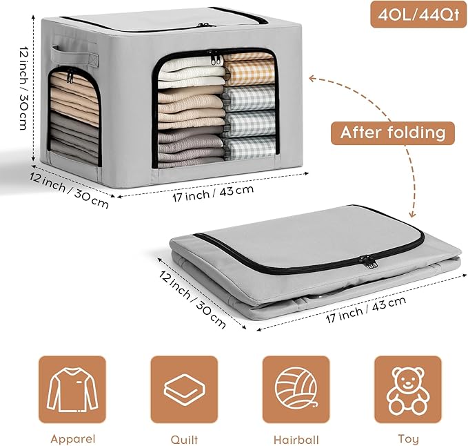 3-Pack Clothes Organizer Bins with Metal Frame, Foldable 40L Linen Storage Boxes with Lids, Clear Windows, Zippers & Durable Handles (Light Gray)-NeatNest