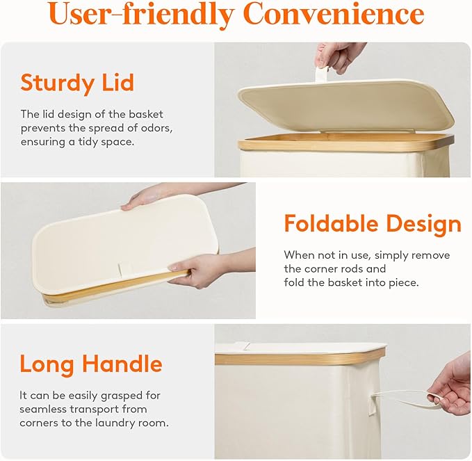 Lifewit 75L Slim Laundry Hamper with Lid, Narrow Laundry Basket with Removable Bag & Bamboo Handles, Fodable Thin Dirty Clothes Hamper for Laundry Collapsible Bin for Bathroom Bedroom Dorm, White-NeatNest