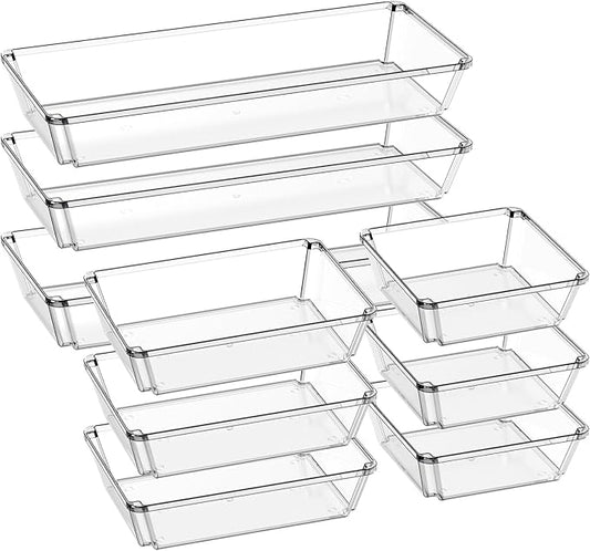 9 Pack Large Clear Plastic Drawer Organizer Trays, Desk Drawer Organizers and Storage Dividers, Non-Slip Storage Bins for Jewelry, Snacks, Office, Bathroom, Bedroom and Kitchen-NeatNest