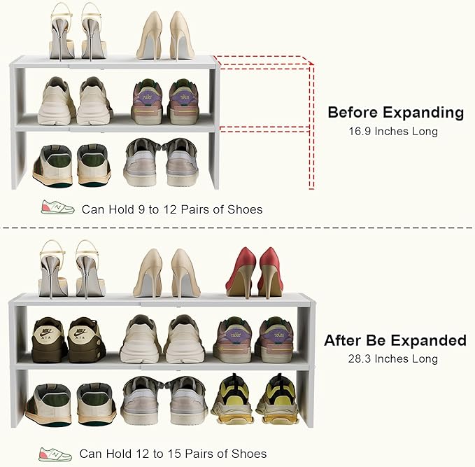White Shoe Rack Organizer for Closet, 2-Tier Expandable Shoe Shelf, Stackable Iron Wood Combination Small Shoe Racks Shelves for Closets, Entryway,Small Space,Hallway,Garage,6-12 Pairs,Patent Pending-NeatNest