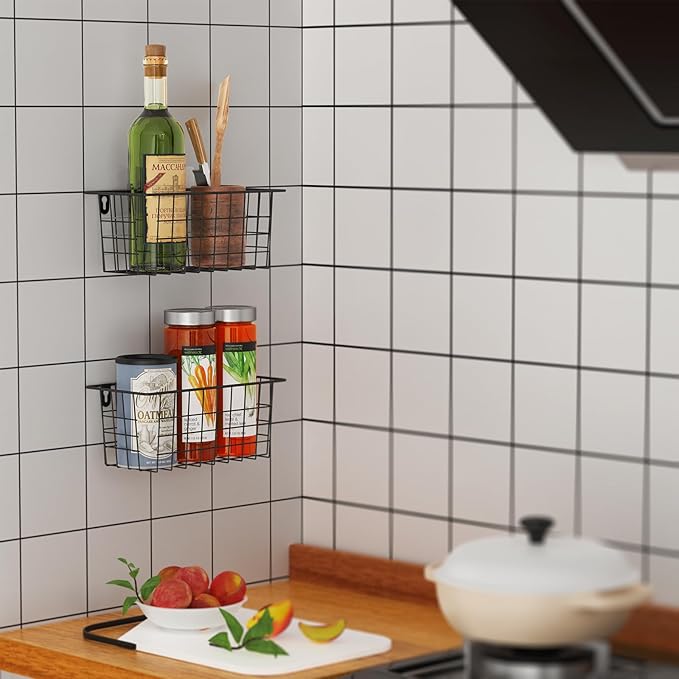 MaraFansie Hanging Wire Baskets Kitchen Storage Basket Adhesive and Screws Basket Over the Cabinet Door Organizer with Adhesive Strips and Screws Accessories, 2 Installations, 4 Pack, Black-NeatNest