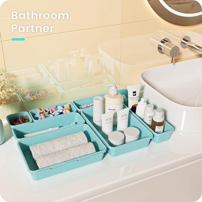 A-LuGei 【28PCS】 Drawer Organizer, Bathroom Organizers and Storage, Makeup organizer, Desk drawer organizer, Storage Bins for Kitchen Office Bedroom Vanity Jewelry Pantry Garage【Black】【4Size】-NeatNest
